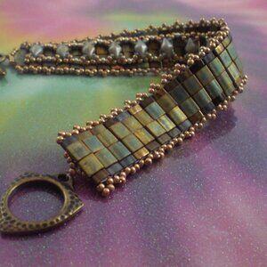 Sage Dust Hand Beaded Tila Bracelet; Tila Bead, Cuff Bracelet, High Fashion